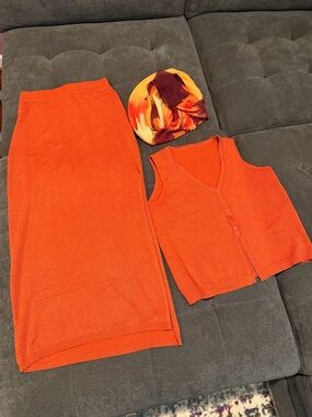 Women's Bright Orange Knit Maxi Skirt - Sleeveless Button Vest Set
